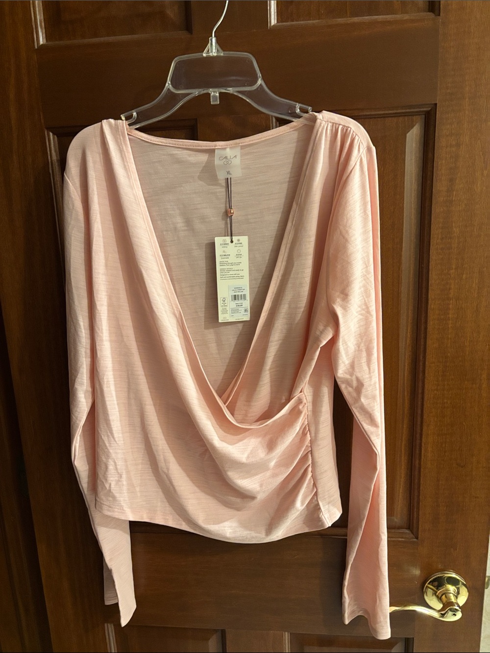 CALIA by Carrie Underwood Pale Pink Draped V-Neck Long Sleeve Top, Sz XL